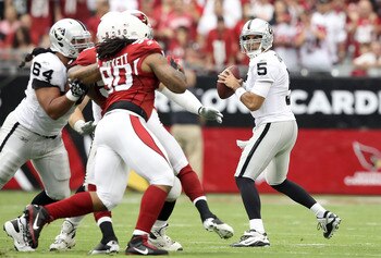 GLENDALE, AZ - SEPTEMBER 26:  Quarterback Bruce Gradkowski #5 of the Oakland Raiders drops back to pass during the NFL game against the Arizona Cardinals at the University of Phoenix Stadium on September 26, 2010 in Glendale, Arizona.  (Photo by Christian