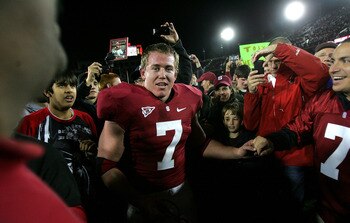 PALO ALTO, CA - NOVEMBER 28:  Toby Gerhart #7 of the Stanford Cardinal is congratulated by fans after they beat the Notre Dame Fighting Irish at Stanford Stadium on November 28, 2009 in Palo Alto, California.  (Photo by Ezra Shaw/Getty Images)
