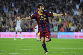 BARCELONA, SPAIN - OCTOBER 03:  Lionel Messi of Barcelona celebrates after scoring during the La Liga match between Barcelona and Mallorca at the Camp Nou stadium on October 3, 2010 in Barcelona, Spain.  (Photo by David Ramos/Getty Images)