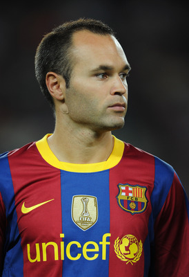 BARCELONA, SPAIN - SEPTEMBER 14:  Andres Iniesta of Barcelona watches on prior to the start of the UEFA Champions League group D match between Barcelona and Panathinaikos on September 14, 2010 in Barcelona, Spain. Barcelona won the match 5-1.  (Photo by J