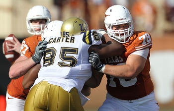 AUSTIN, TX - SEPTEMBER 25:  Center David Snow #78 of the Texas Longhorns at Darrell K Royal-Texas Memorial Stadium on September 25, 2010 in Austin, Texas.  (Photo by Ronald Martinez/Getty Images)