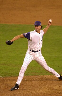 4 Nov 2001: Randy Johnson #51 of the Arizona Diamondbacks delivers during game seven of the Major League Baseball World Series against the New York Yankees at Bank One Ballpark in Phoenix, Arizona. The Diamondbacks won 3-2 to capture the World Series titl