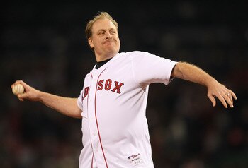 BOSTON - OCTOBER 16:  Curt Schilling of the Boston Red Sox throws out the first pitch of game five of the American League Championship Series against the Tampa Bay Rays during the 2008 MLB playoffs at Fenway Park on October 16, 2008 in Boston, Massachuset