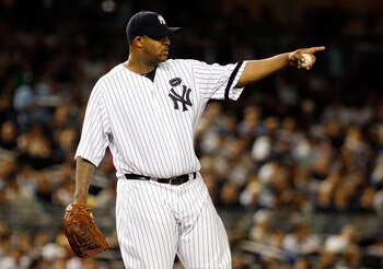 NEW YORK - SEPTEMBER 23:  CC Sabathia #52 of the New York Yankees looks on against the Tampa Bay Rays on September 23, 2010 at Yankee Stadium in the Bronx borough of New York City.  (Photo by Mike Stobe/Getty Images)