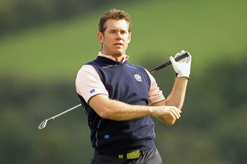 NEWPORT, WALES - SEPTEMBER 30:  Lee Westwood of Europe watches a shot during a practice round prior to the 2010 Ryder Cup at the Celtic Manor Resort on September 30, 2010 in Newport, Wales.  (Photo by Ross Kinnaird/Getty Images)