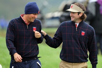 NEWPORT, WALES - SEPTEMBER 30:  Jeff Overton of the USA jokes with team mate Bubba Watson (R)  during a practice round prior to the 2010 Ryder Cup at the Celtic Manor Resort on September 30, 2010 in Newport, Wales.  (Photo by Andy Lyons/Getty Images)