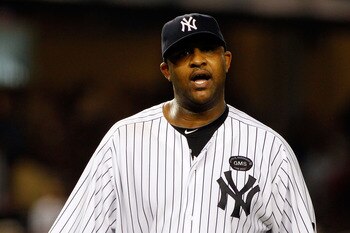 NEW YORK - SEPTEMBER 23:  CC Sabathia #52 of the New York Yankees looks on against the Tampa Bay Rays on September 23, 2010 at Yankee Stadium in the Bronx borough of New York City.  (Photo by Mike Stobe/Getty Images)