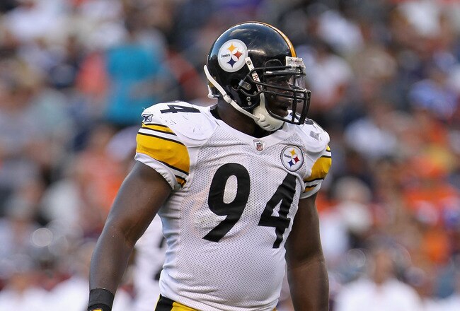 DENVER - AUGUST 29:  Linebacker Lawrence Timmons #94 of the Pittsburgh Steelers defends against the Denver Broncos during preseason NFL action at INVESCO Field at Mile High on August 29, 2010 in Denver, Colorado. The Broncos defeated the Steelers 34-17.