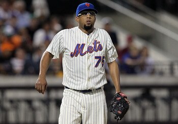 NEW YORK - AUGUST 14:  Francisco Rodriguez #75 of the New York Mets looks on after pitching in the ninth inning against the Philadelphia Phillies on August 14, 2010 at Citi Field in the Flushing neighborhood of the Queens borough of New York City. The Phi