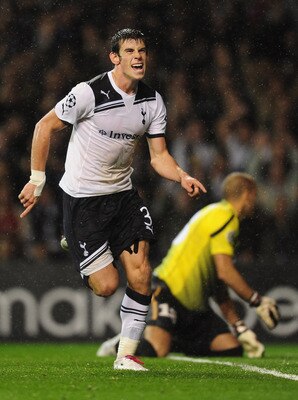 LONDON, ENGLAND - SEPTEMBER 29:  Gareth Bale of Tottenham celebrates after scoring during the  UEFA Champions League Group A match between Tottenham Hotspur and FC Twente at White Hart Lane on September 29, 2010 in London, England.  (Photo by Mike Hewitt/