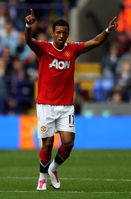 BOLTON, ENGLAND - SEPTEMBER 26:   Nani of Manchester United celebrates scoring his team's first goal during the Barclays Premier League match between Bolton Wanderers and Manchester United at the Reebok Stadium on September 26, 2010 in Bolton, England. (P