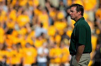 BOULDER, CO - SEPTEMBER 06:  Head coach Steve Fairchild of the Colorado State Rams walks the field during warm ups prior to facing the Colorado Buffaloes at Folsom Field on September 6, 2009 in Boulder, Colorado.  (Photo by Doug Pensinger/Getty Images)