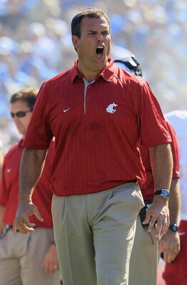 PASADENA, CA - OCTOBER 02:  Washington State Cougars head coach Paul Wulff yells from the sideline against the UCLA Bruins at the Rose Bowl on October 2, 2010 in Pasadena, California. UCLA defeated Washington State 42-28.  (Photo by Jeff Gross/Getty Image