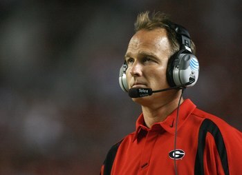 TUSCALOOSA, AL - SEPTEMBER 22: Head coach Mark Richt of the Georgia Bulldogs looks on during the game against the Alabama Crimson Tide at Bryant-Denny Stadium September 22, 2007 in Tuscaloosa, Alabama. Georgia defeated Alabama 26-23 in overtime. (Photo by