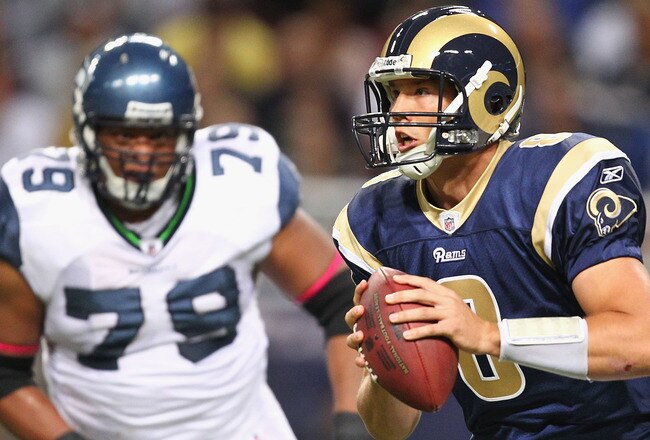 ST. LOUIS - OCTOBER 3: Sam Bradford #8 of the St. Louis Rams scrambles against the Seattle Seahawks at the Edward Jones Dome on October 3, 2010 in St. Louis, Missouri.  The Rams beat the Seahawks 20-3.  (Photo by Dilip Vishwanat/Getty Images)