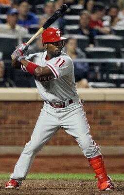 NEW YORK - AUGUST 14:  Jimmy Rollins #11 of the Philadelphia Phillies bats against the New York Mets on August 14, 2010 at Citi Field in the Flushing neighborhood of the Queens borough of New York City.  (Photo by Jim McIsaac/Getty Images)