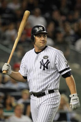 NEW YORK - SEPTEMBER 25: Lance Berkman #17 of the New York Yankees reacts after getting out against the Boston Red Sox during their game on September 25, 2010 at Yankee Stadium in the Bronx borough of New York City.  (Photo by Chris McGrath/Getty Images)
