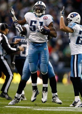 SEATTLE , WA - JANUARY 03: Gerald McRath #51 of the Tennessee Titans celebrates an interception that sealed a 17-13 victory over the Seattle Seahawks  at Qwest Field on January 3, 2010 in Seattle, Washington.  (Photo by Jonathan Ferrey/Getty Images)