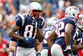 FOXBORO, MA - SEPTEMBER 26:  Randy Moss #81 of the New England Patriots runs to the line against the Buffalo Bills at Gillette Stadium on September 26, 2010 in Foxboro, Massachusetts. (Photo by Jim Rogash/Getty Images)
