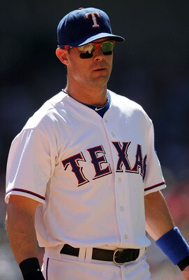ARLINGTON, TX - SEPTEMBER 29:  Michael Young #10 of the Texas Rangers at Rangers Ballpark in Arlington on September 29, 2010 in Arlington, Texas.  (Photo by Ronald Martinez/Getty Images)