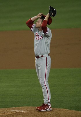 LOS ANGELES, CA - AUGUST 30:  Roy Halladay #34 of the Philadelphia Phillies reacts on the mound in the game against the Los Angeles Dodgers on August 30, 2010 at Dodger Stadium  in Los Angeles, California.  (Photo by Stephen Dunn/Getty Images)