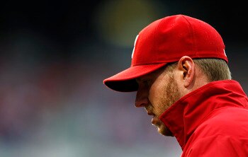 PHILADELPHIA - OCTOBER 06:  Roy Halladay #34 of the Philadelphia Phillies walks to the dugout in Game 1 of the NLDS against the Cincinnati Reds at Citizens Bank Park on October 6, 2010 in Philadelphia, Pennsylvania.  (Photo by Jeff Zelevansky/Getty Images
