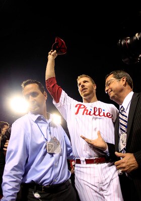 PHILADELPHIA - OCTOBER 06:  Roy Halladay #34 of the Philadelphia Phillies waves to the crowd after pitching a no-hitter in Game 1 of the NLDS against the Cincinnati Reds at Citizens Bank Park on October 6, 2010 in Philadelphia, Pennsylvania.  (Photo by Ch