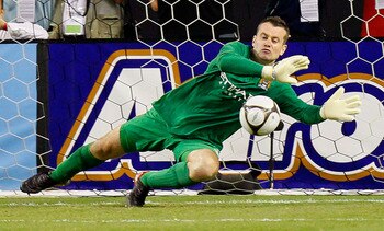 ATLANTA - JULY 28:  Goalkeeper Shay Given #1 of Manchester City saves a penalty kick by Daniel Montenegro (not pictured) #10 of Club America during the 2010 Aaron's International Soccer Challenge match at Georgia Dome on July 28, 2010 in Atlanta, Georgia.