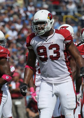 SAN DIEGO - OCTOBER 03:  Defensive end Calais Campbell #93 of the Arizona Cardinals on the field against the San Diego Chargers at Qualcomm Stadium on October 3, 2010 in San Diego, California.  The Chargers won 41-10.  (Photo by Stephen Dunn/Getty Images)