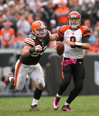 CLEVELAND - OCTOBER 03:  Matt Roth #53 of the Cleveland Browns sacks quarterback Carson Palmer #9 of the Cincinnati Bengals at Cleveland Browns Stadium on October 3, 2010 in Cleveland, Ohio.  (Photo by Matt Sullivan/Getty Images)