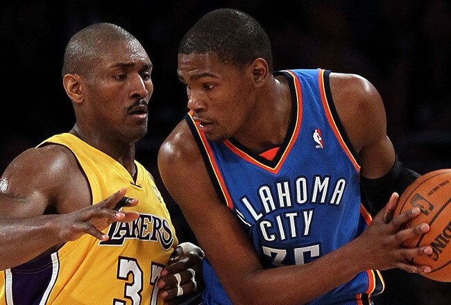 LOS ANGELES, CA - APRIL 27:  Kevin Durant #35 of the Oklahoma City Thunder posts up Ron Artest #37 of the Los Angeles Lakers in the first half during Game Two of the Western Conference Quarterfinals of the 2010 NBA Playoffs at Staples Center on April 27,