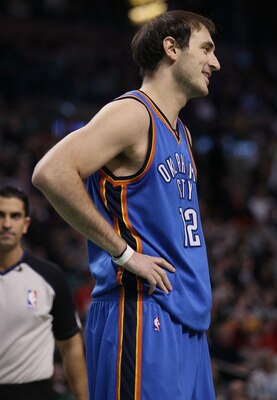 BOSTON - MARCH 31:  Nenad Krstic #12 of the Oklahoma City Thunder reacts after he is called for a foul in the first quarter against the Boston Celtics on March 31, 2010 at the TD Garden in Boston, Massachusetts.  NOTE TO USER: User expressly acknowledges 