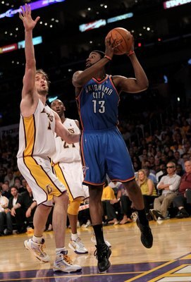LOS ANGELES - APRIL 18:  James Harden #13 of the Oklahoma City Thunder controls the ball against Pau Gasol #16 of the Los Angeles Lakers during  Game One of the Western Conference Quarterfinals of the 2010 NBA Playoffs on April 18, 2010 at Staples Center 