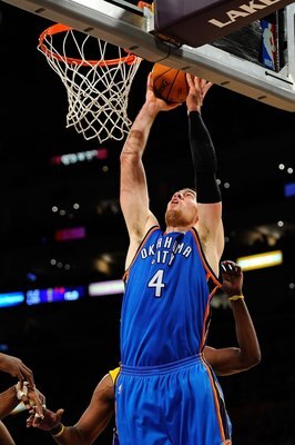 LOS ANGELES, CA - APRIL 27:  Nick Collison #4 of the Oklahoma City Thunder dunks the ball against the Los Angeles Lakers during Game Five of the Western Conference Quarterfinals of the 2010 NBA Playoffs at Staples Center on April 27, 2010 in Los Angeles, 