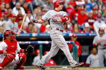 PHILADELPHIA - OCTOBER 06: Joey Votto #19 of the Cincinnati Reds bats in Game 1 of the NLDS against the Philadelphia Phillies at Citizens Bank Park on October 6, 2010 in Philadelphia, Pennsylvania.  (Photo by Jeff Zelevansky/Getty Images)