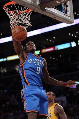 LOS ANGELES, CA - APRIL 27:  Serge Ibaka #9 of the Oklahoma City Thunder dunks the ball in the fourth quarter against the Los Angeles Lakers during Game Five of the Western Conference Quarterfinals of the 2010 NBA Playoffs at Staples Center on April 27, 2