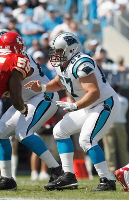 CHARLOTTE, NC - OCTOBER 05:  Ryan Kalil #67 of the Carolina Panthers guards the line during the game against the Kansas City Chiefs at Bank of America on October 5, 2008 in Charlotte, North Carolina.  (Photo by Kevin C. Cox/Getty Images)