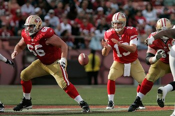 SAN FRANCISCO - AUGUST 22:  San Francisco 49ers quarterback Shaun Hill #13 receives a snap from San Francisco 49ers center Eric Heitmann #66 during 1st quarter action as the San Francisco 49ers host the Oakland Raiders at Candlestick Park August 22, 2009