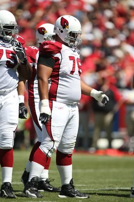 SAN FRANCISCO - SEPTEMBER 7:  Deuce Lutui #76 of the Arizona Cardinals stands at the line of scrimmage during the game against the San Francisco 49ers on September 7, 2008 at Bill Walsh Field at Candlestick Park in San Francisco, California. (Photo by Jed