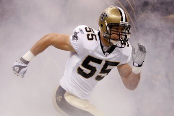 NEW ORLEANS - OCTOBER 18:  Scott Fujita #55 of the New Orleans Saints runs onto the field after being introduced prior to playing the New York Giants at the Louisiana Superdome on October 18, 2009 in New Orleans, Louisiana.  (Photo by Chris Graythen/Getty