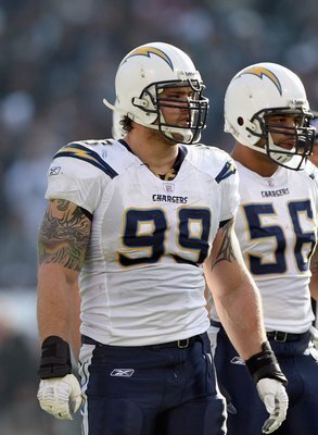 OAKLAND, CA - DECEMBER 30: Igor Olshansky #99 of the San Diego Chargers looks on during an NFL game against the Oakland Raiders on December 30, 2007 at McAfee Coliseum in Oakland, California. (Photo by Jed Jacobsohn/Getty Images)