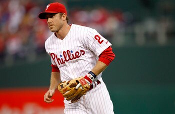 PHILADELPHIA - OCTOBER 06:  Chase Utley #26 of the Philadelphia Phillies runs to the dugout in Game 1 of the NLDS against the Cincinnati Reds at Citizens Bank Park on October 6, 2010 in Philadelphia, Pennsylvania.  (Photo by Jeff Zelevansky/Getty Images)