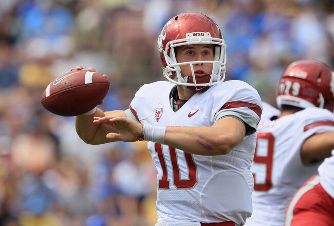 PASADENA, CA - OCTOBER 02:  Quarterback Jeff Tuel #10 of the Washington State Cougars drops back to pass against the  UCLA Bruins during the first quarter at the Rose Bowl on October 2, 2010 in Pasadena, California.  (Photo by Jeff Gross/Getty Images)