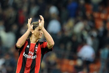 MILAN, ITALY - SEPTEMBER 26:  Zlatan Ibrahimovic of Milan applauds supporters after winning the Serie A match between AC Milan and Genoa CFC at Stadio Giuseppe Meazza on September 26, 2010 in Milan, Italy.  (Photo by Tullio M. Puglia/Getty Images)