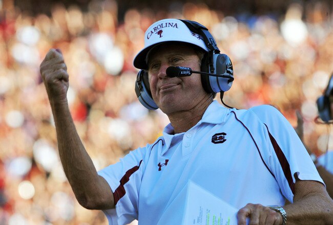 COLUMBIA, SC - OCTOBER 9: Coach Steve Spurrier of the South Carolina Gamecocks cheers a touchdown against the Alabama Crimson Tide October 9, 2010 at Williams-Brice Stadium in Columbia, South Carolina.  (Photo by Al Messerschmidt/Getty Images)