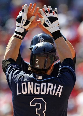 ARLINGTON, TX - OCTOBER 10:  Evan Longoria #3 of the Tampa Bay Rays celebrates a two run homerun with Ben Zobrist #18 against the Texas Rangers in the 5th inning during game 4 of the ALDS at Rangers Ballpark in Arlington on October 10, 2010 in Arlington,