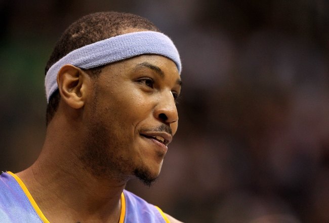 SALT LAKE CITY - APRIL 30:  Carmelo Anthony #15 of the Denver Nuggets stands on the court during their game against the Utah Jazz in Game Six of the Western Conference Quarterfinals of the 2010 NBA Playoffs at EnergySolutions Arena on April 30, 2010 in Sa