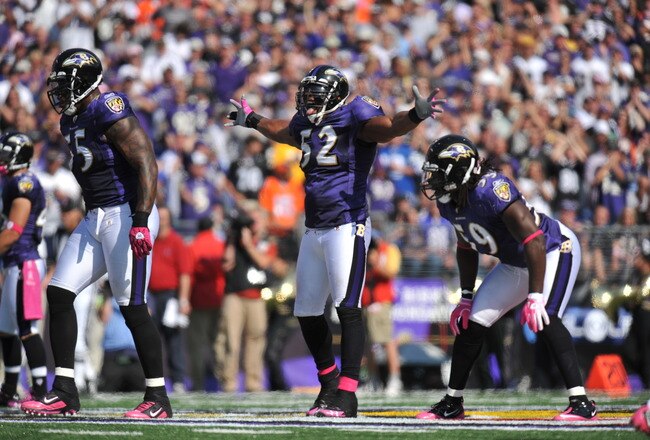 BALTIMORE, MD - OCTOBER 10:  Ray Lewis #52 of the Baltimore Ravens rouses the crowd before a play against the Denver Broncos at M&T Bank Stadium on October 10, 2010 in Baltimore, Maryland. Players wore pink in recognition of Breast Cancer Awareness Month.