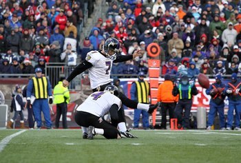 FOXBORO, MA - JANUARY 10:  Billy Cundiff #7 of the Baltimore Ravens attempts a kick from the hold of Sam Koch #4 against the New England Patriots during the 2010 AFC wild-card playoff game at Gillette Stadium on January 10, 2010 in Foxboro, Massachusetts.