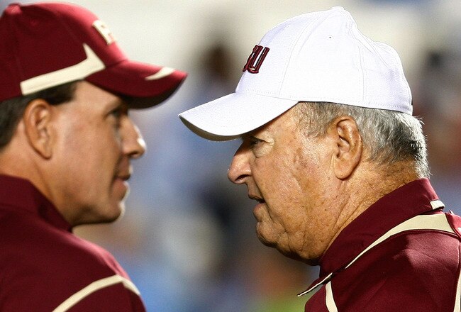 CHAPEL HILL, NC - OCTOBER 22:  Florida State Seminoles Head Coach Bobby Bowden, (R) and Offensive Coordinator Jimbo Fisher watch the pregame action prior to the start of the game against the North Carolina Tar Heels at Kenan Stadium on October 22, 2009 in